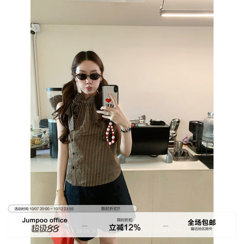 草莓跳 韩系复古格子蝴蝶结系带无袖衬衫女夏季设计感显瘦衬衣