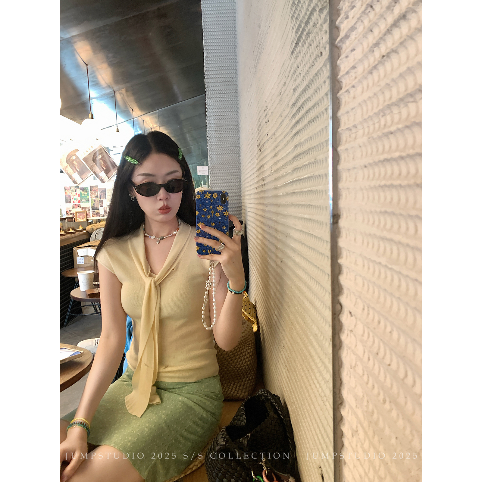 草莓跳 法式披肩飘带短袖针织衫女夏季设计感修身显瘦绵羊毛上衣