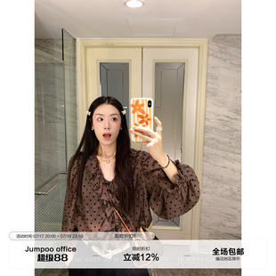 草莓跳 荷叶边v领喇叭袖波点衬衫女秋季气质减龄衬衣宽松显瘦上衣
