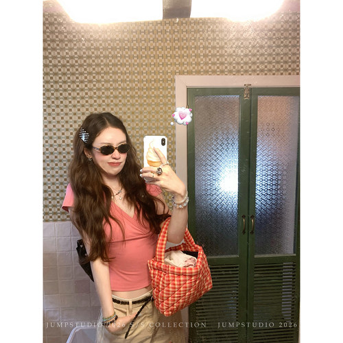 草莓跳 交叉v领弹力短袖T恤女夏季设计感修身显瘦短款百搭上衣