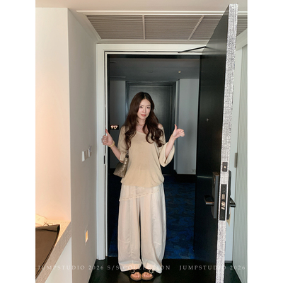 草莓跳 莱赛尔亚麻蕾丝屁帘休闲裤女夏季慵懒透气百搭阔腿裤子