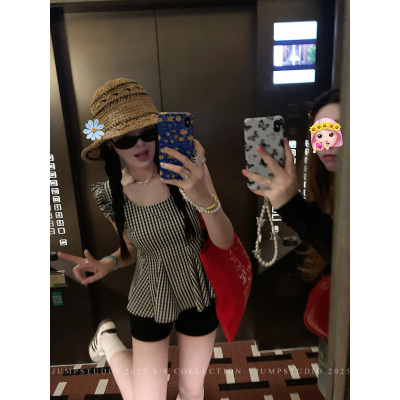 草莓跳 韩系格子无袖吊带小衫女夏季复古甜酷收腰显瘦百搭上衣
