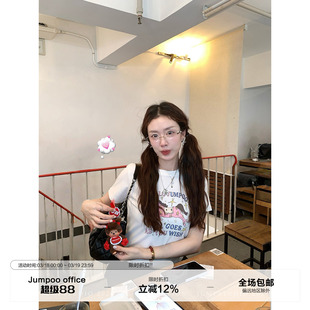 草莓跳 白色小马印花圆领短袖T恤女春夏青春减龄显瘦短款休闲上衣