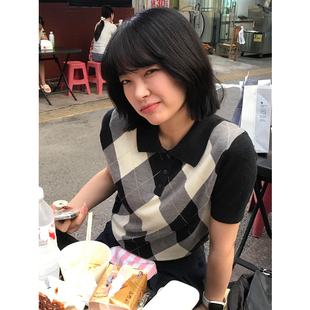 显瘦简约百搭高级感复古POLO领上衣潮 经典 菱格纹短袖 针织衫 女修身