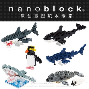 日本nanoblock破浪鲨鱼锤头鲨跳岩企鹅海豹 微型拼装积木玩具模型
