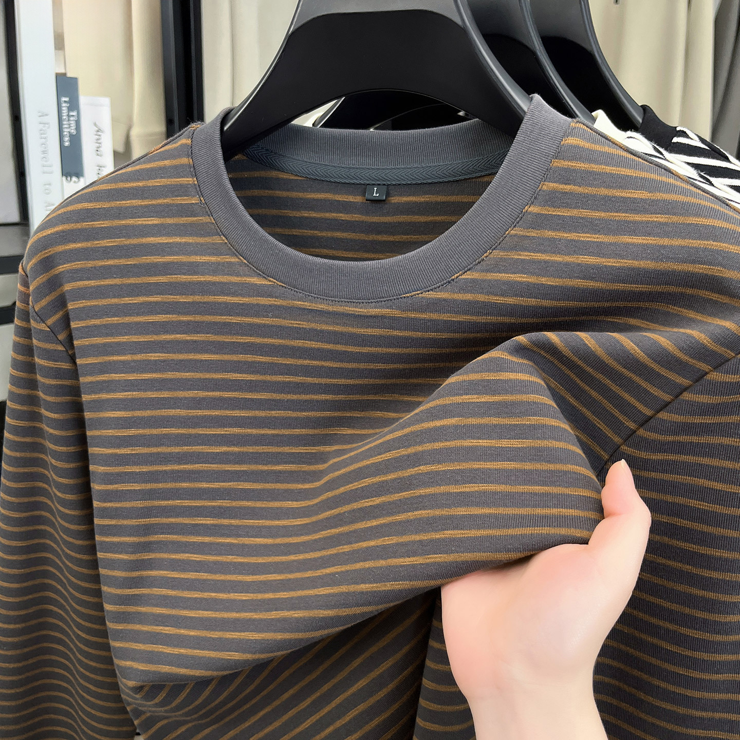 黑白条纹纯棉长袖t恤男士圆领春秋季内搭打底衫秋衣男装休闲上衣