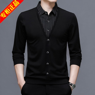 2024春秋季新款真假两件卫衣男针织衫衬衫领毛衣商务内搭打底衫潮