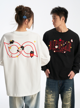 BIPOLAR苹果猫长袖T恤美式休闲宽松圆领上衣男嘻哈国潮情侣新款秋