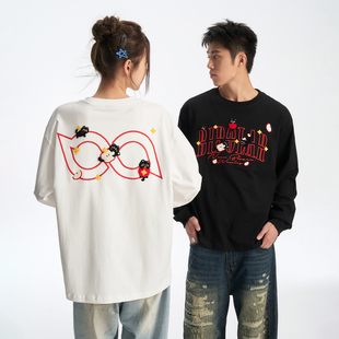 秋 休闲宽松圆领上衣男嘻哈国潮情侣新款 BIPOLAR苹果猫长袖 T恤美式