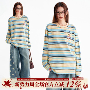 BIPOLAR苹果猫星芒条纹长袖 休闲宽松松弛慵懒圆领上衣女 T恤男美式