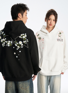 BIPOLAR粉蓝山茶花卉连帽卫衣春秋新款美式休闲套头上衣男情侣款