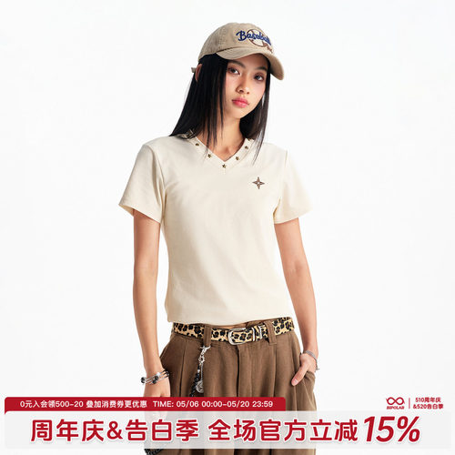 夏季韩系V领铆钉修身短袖T恤女