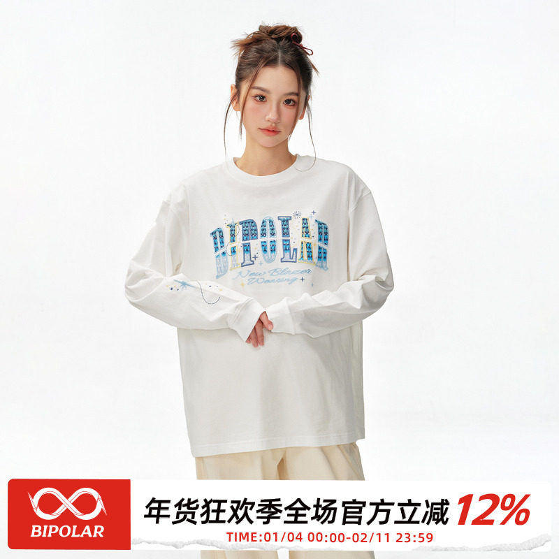 BIPOLAR星星渐变贴布长袖潮牌美式休闲宽松圆领上衣T恤秋打底衫男