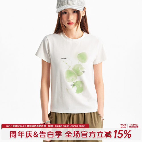 BIPOLAR苹果印花短袖T恤女透气