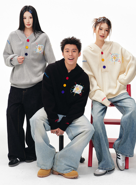 BIPOLAR彩点流苏连帽针织衫慵懒感宽松上衣撞色毛线衣男女潮秋冬