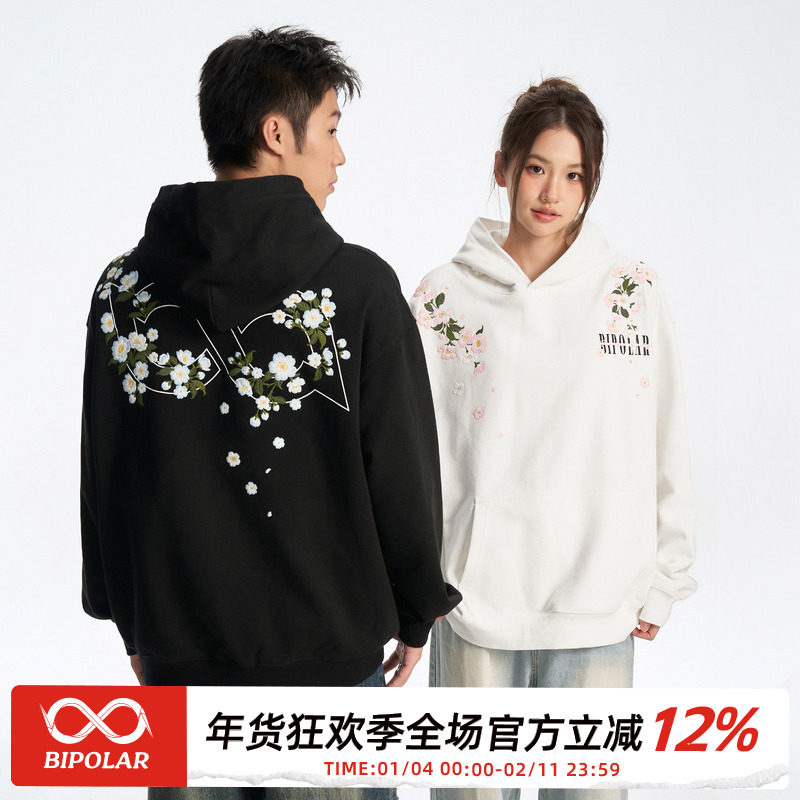 BIPOLAR粉蓝山茶花卉连帽卫衣春秋新款美式休闲套头上衣男情侣款