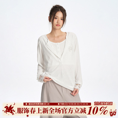 BIPOLAR假两件亨利领罩衫长袖T恤春秋内搭上衣基础薄款慵懒休闲风