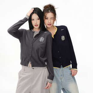 学院风青春潮流针织上衣 毛衣春秋圆领复古美式 BIPOLAR 假两件开衫