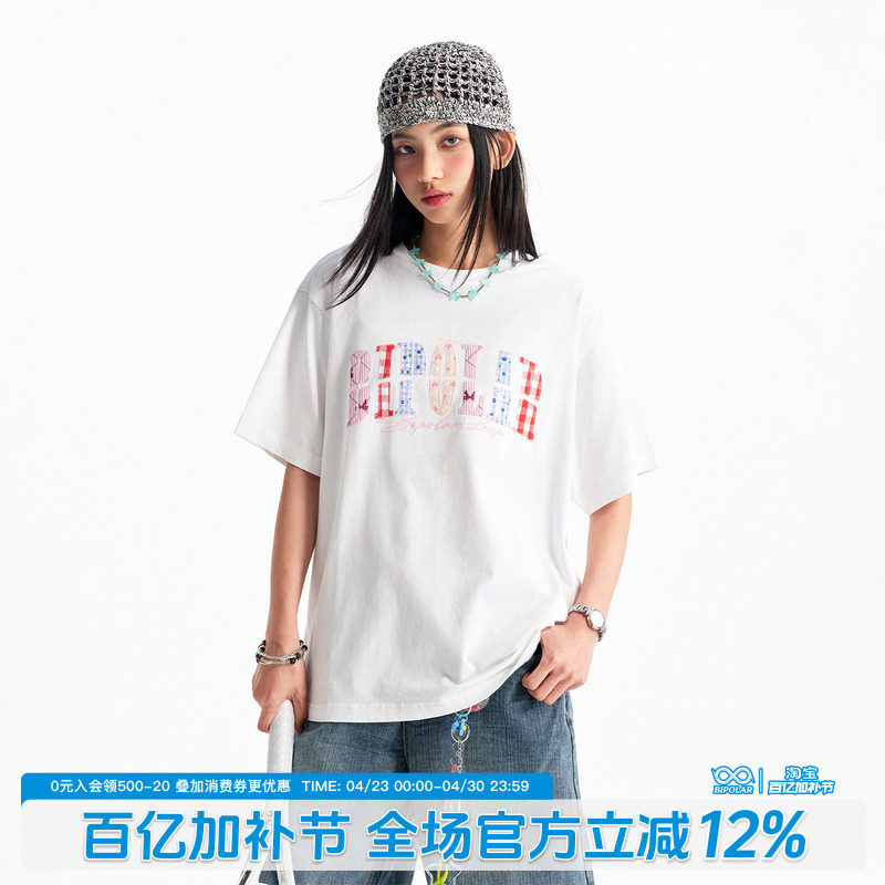 BIPOLAR2025夏季女新款欧若风T恤上衣圆领宽松百搭碎花贴布短袖