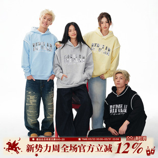 BIPOLAR灰色卫衣潮牌情侣重工蕾丝贴布上衣连帽美式 街头宽松外套