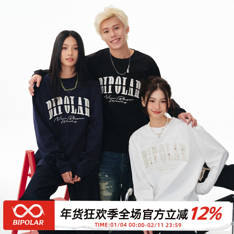 BIPOLAR彩球贴布长袖t恤美式纯棉上衣男女同款情侣圆领上衣国潮牌,男装,T恤,淘宝优惠券,粉丝福利购,淘宝优惠卷