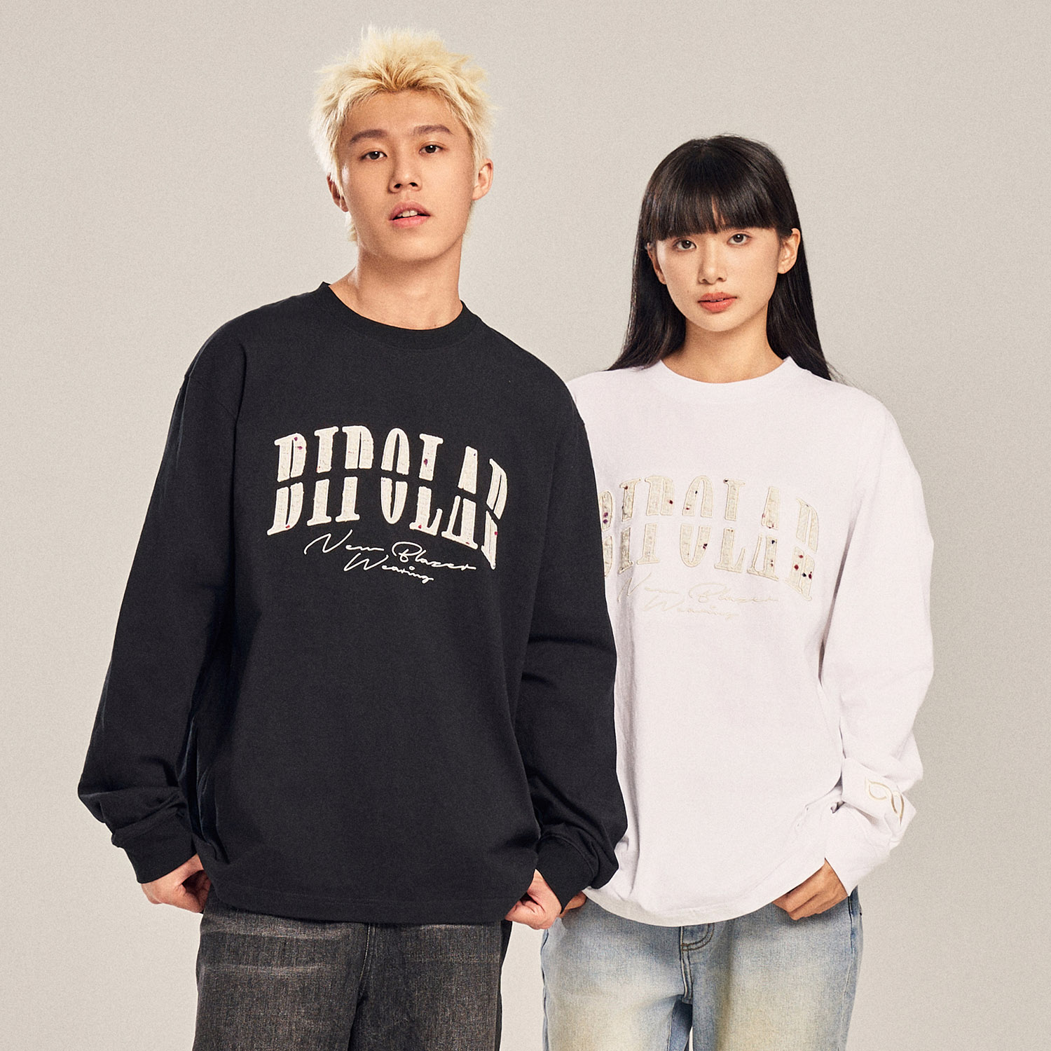 BIPOLAR小香风贴布长袖美式卫衣贴布刺绣圆领套头上衣男女情侣服