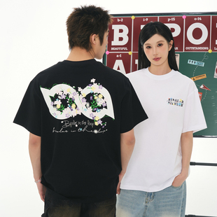 休闲圆领上衣情侣款 美式 胶印宽松百搭男女T袖 BIPOLAR花丛盛开短袖