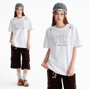 BIPOLAR发泡四色民族花卉短袖T恤美式休闲宽松圆领上衣薄情侣夏季