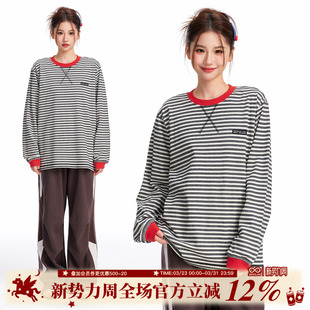 休闲圆领上衣春秋情侣新款 T恤美式 条纹长袖 BIPOLAR中古运动风经典