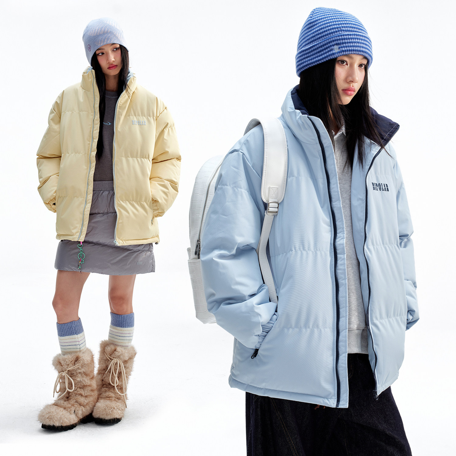 BIPOLAR撞色绒面发泡立领棉服冬季浅色系宽松上衣外套保暖面包服