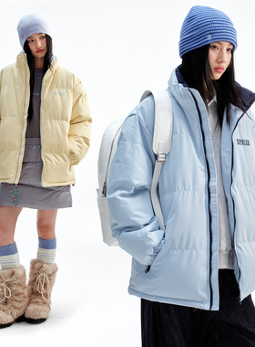 BIPOLAR撞色绒面发泡立领棉服冬季浅色系宽松上衣外套保暖面包服