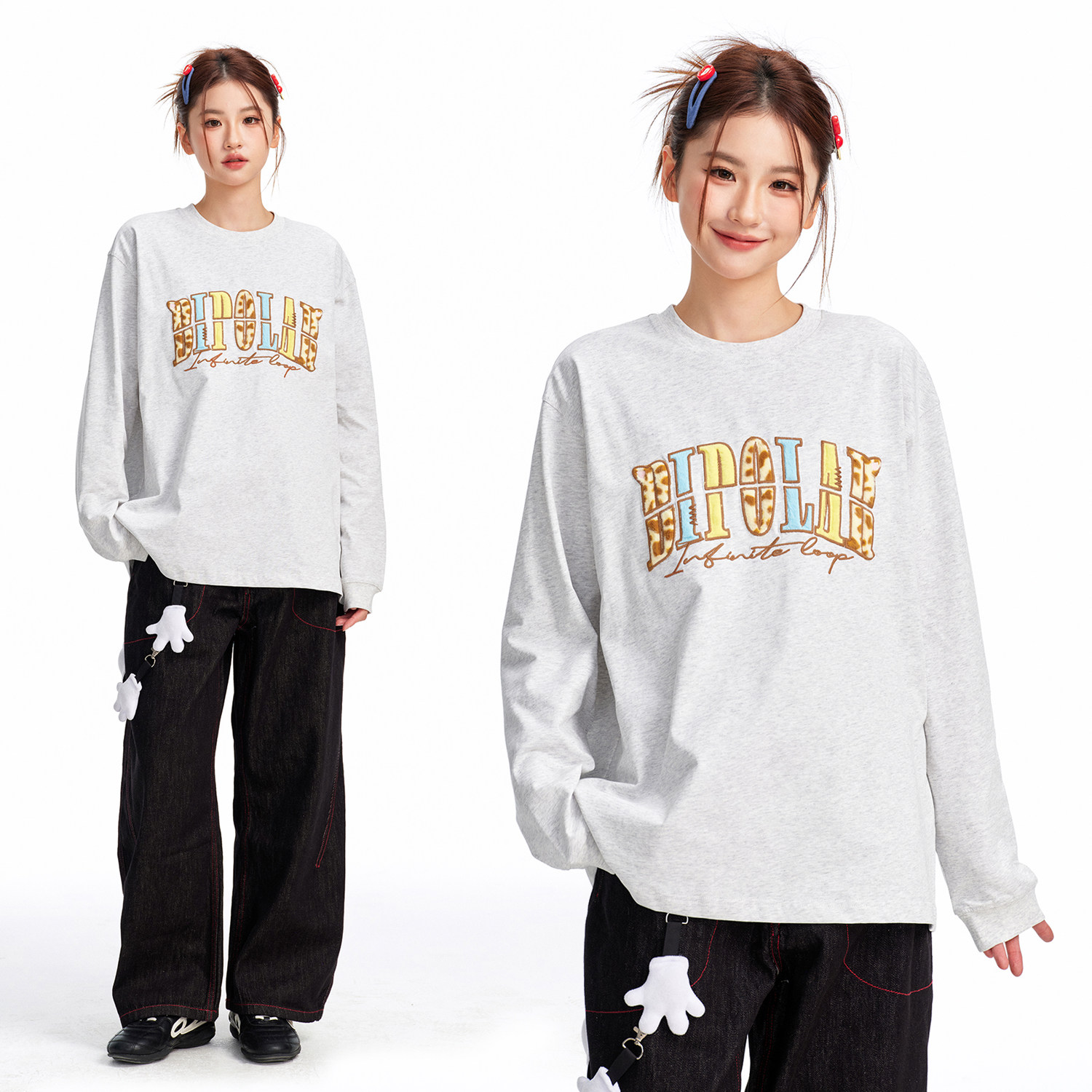 BIPOLAR猫耳撞色毛绒贴布长袖T恤圆领立体宽松上衣百搭休闲打底男,男装,T恤,淘宝优惠券,粉丝福利购,淘宝优惠卷