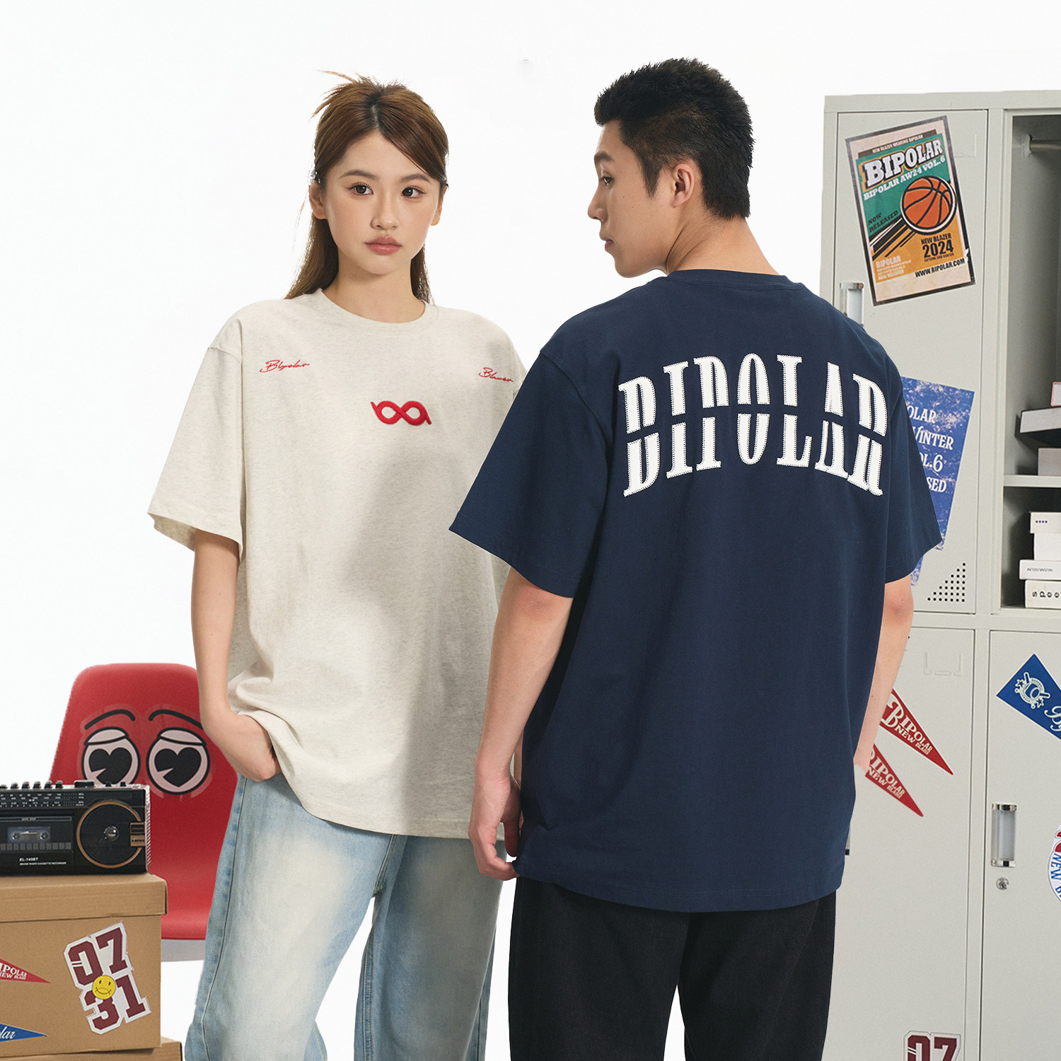 BIPOLAR断开字绣花短袖T恤重磅纯棉圆领上衣休闲百搭基础款夏季