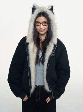 BIPOLAR仿麂皮绒座山雕毛领冬季美式休闲连帽国潮痞帅棉服新款