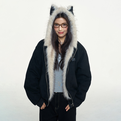 BIPOLAR仿麂皮绒座山雕毛领冬季美式休闲连帽国潮痞帅棉服新款