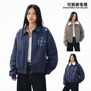 BIPOLAR羊羔绒领夹克翻领可拆卸加厚棉衣男女情侣装 潮牌复古外套