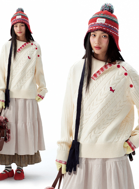 BIPOLAR【新年圣诞款】斜门襟翻领假两件绞花毛衣宽松休闲情侣冬