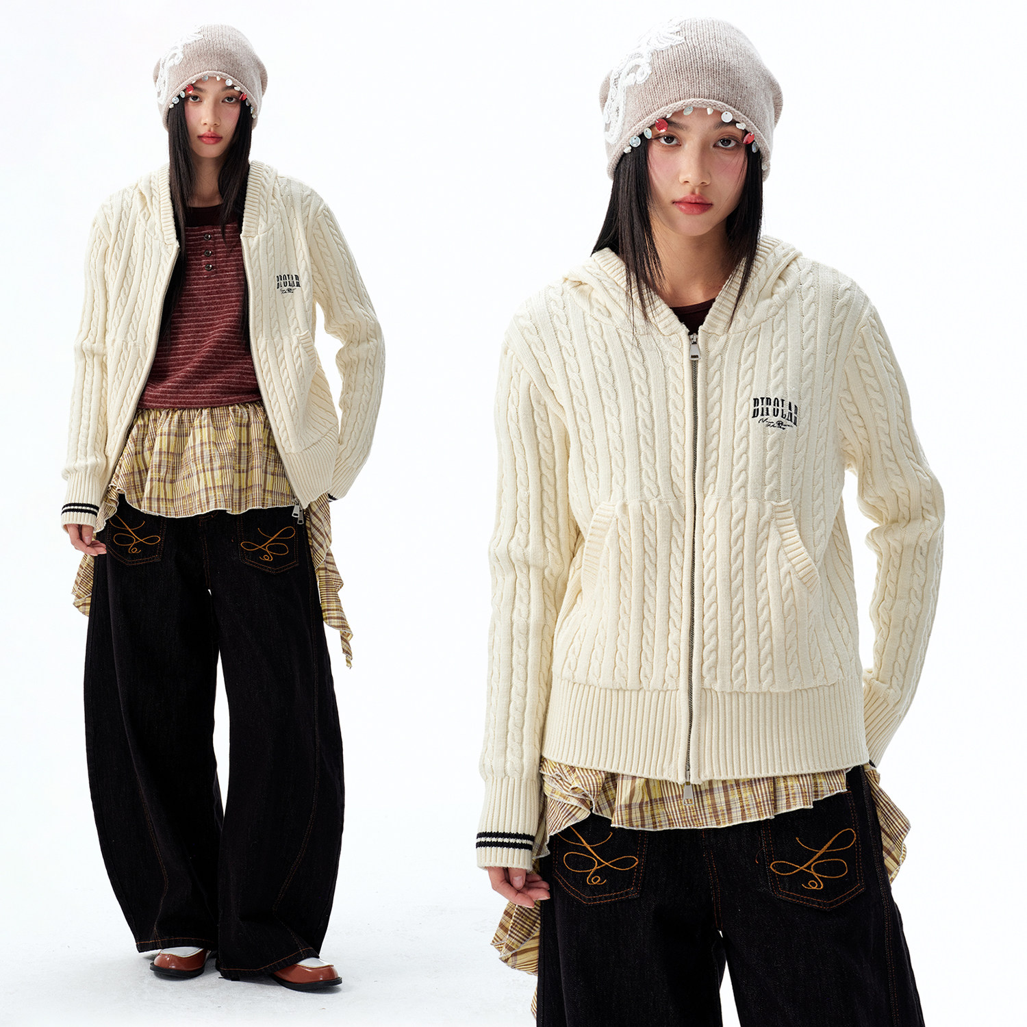 BIPOLAR麻花纹连帽毛衣针织开衫韩系修身显瘦内搭上衣秋冬女款