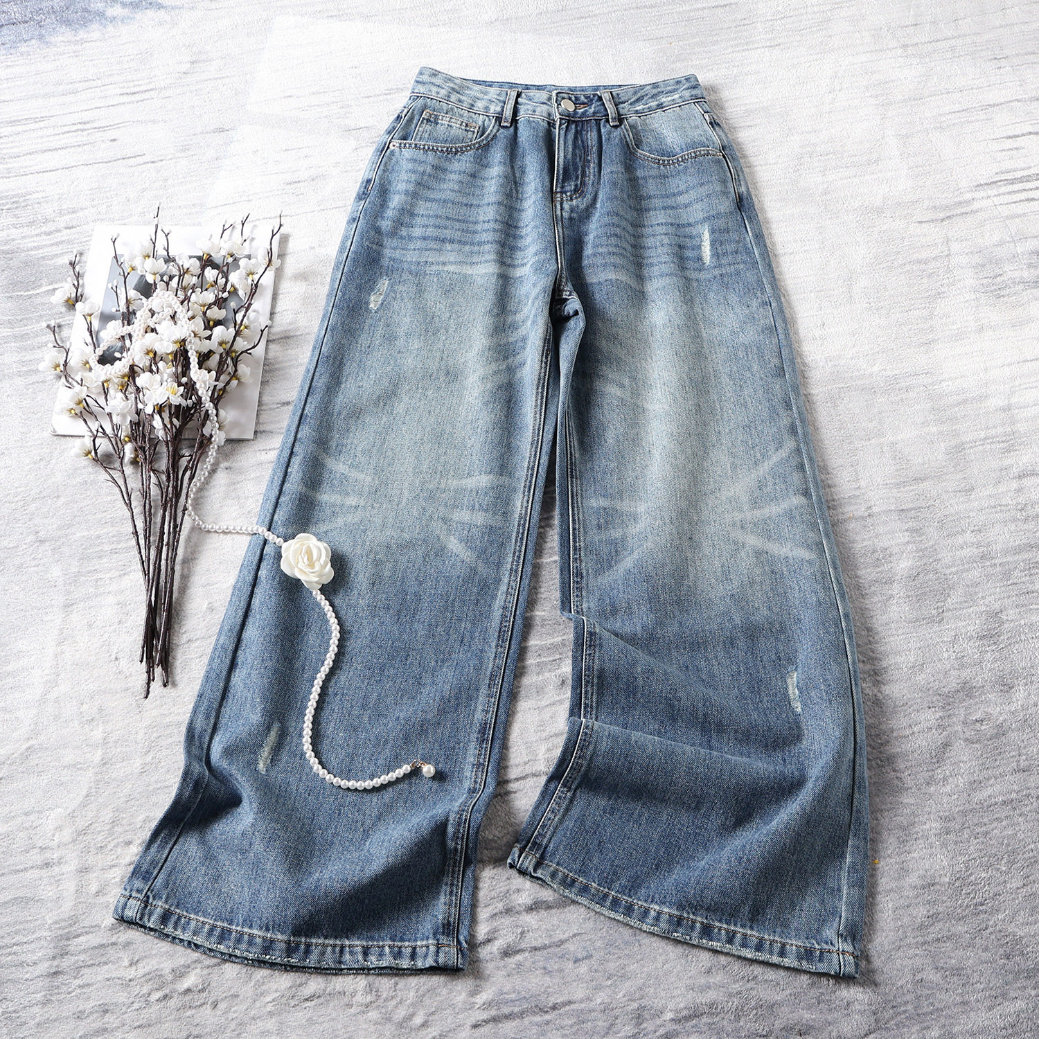 2026新款做旧复古磨破水洗牛仔裤女高腰时尚显瘦宽松直筒阔腿裤潮,女装/女士精品,牛仔裤,淘宝优惠券,粉丝福利购,淘宝优惠卷