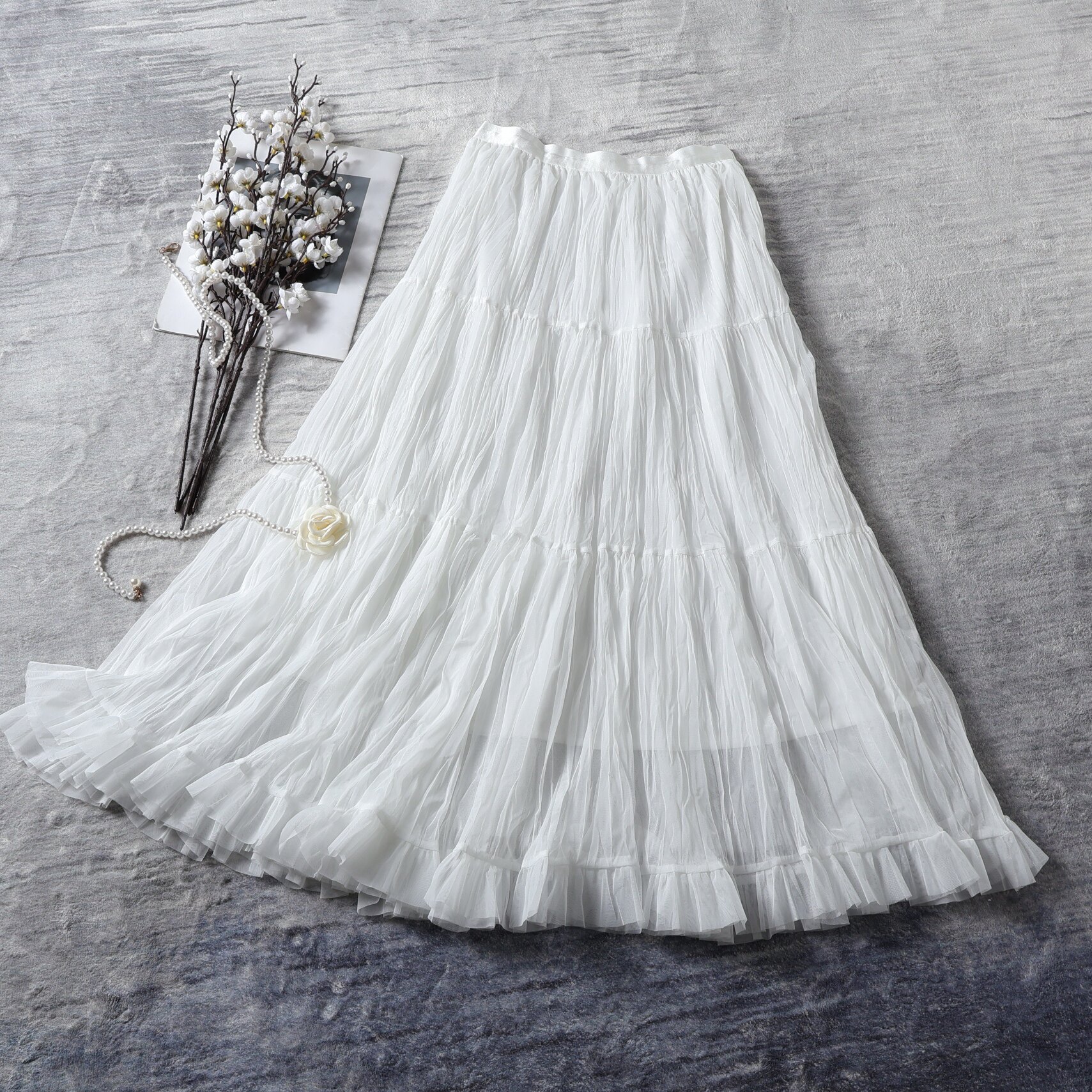 白色仙美大摆裙春夏新款时尚高腰褶皱木耳边中长款半身裙女松紧腰