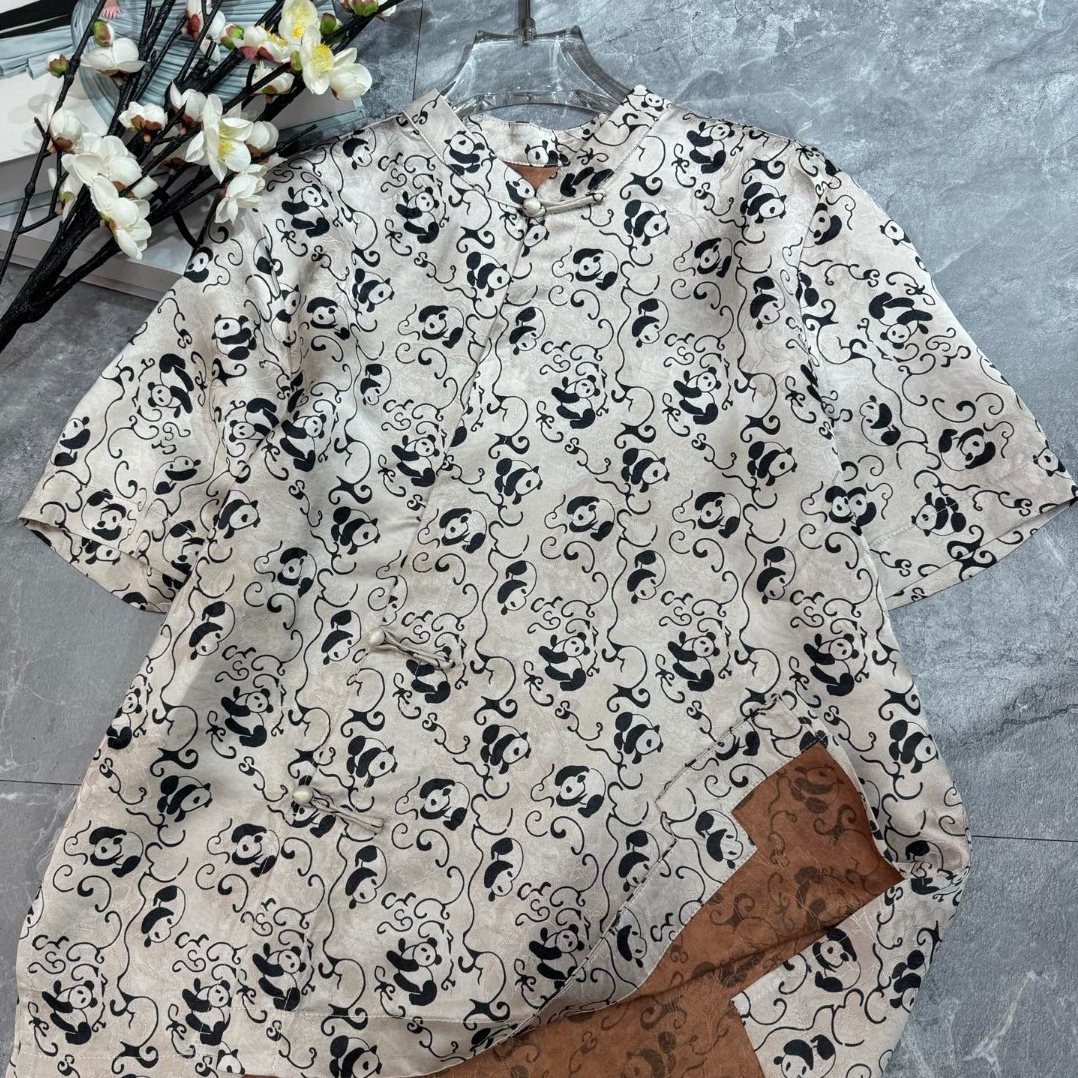 真丝香云纱新中式熊猫提花设计感高端减龄盘扣短袖衬衫小众上衣