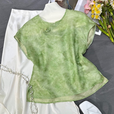 荷塘月色新中式国风手工盘扣桑蚕丝衬衫女2025夏季新款轻奢感短袖