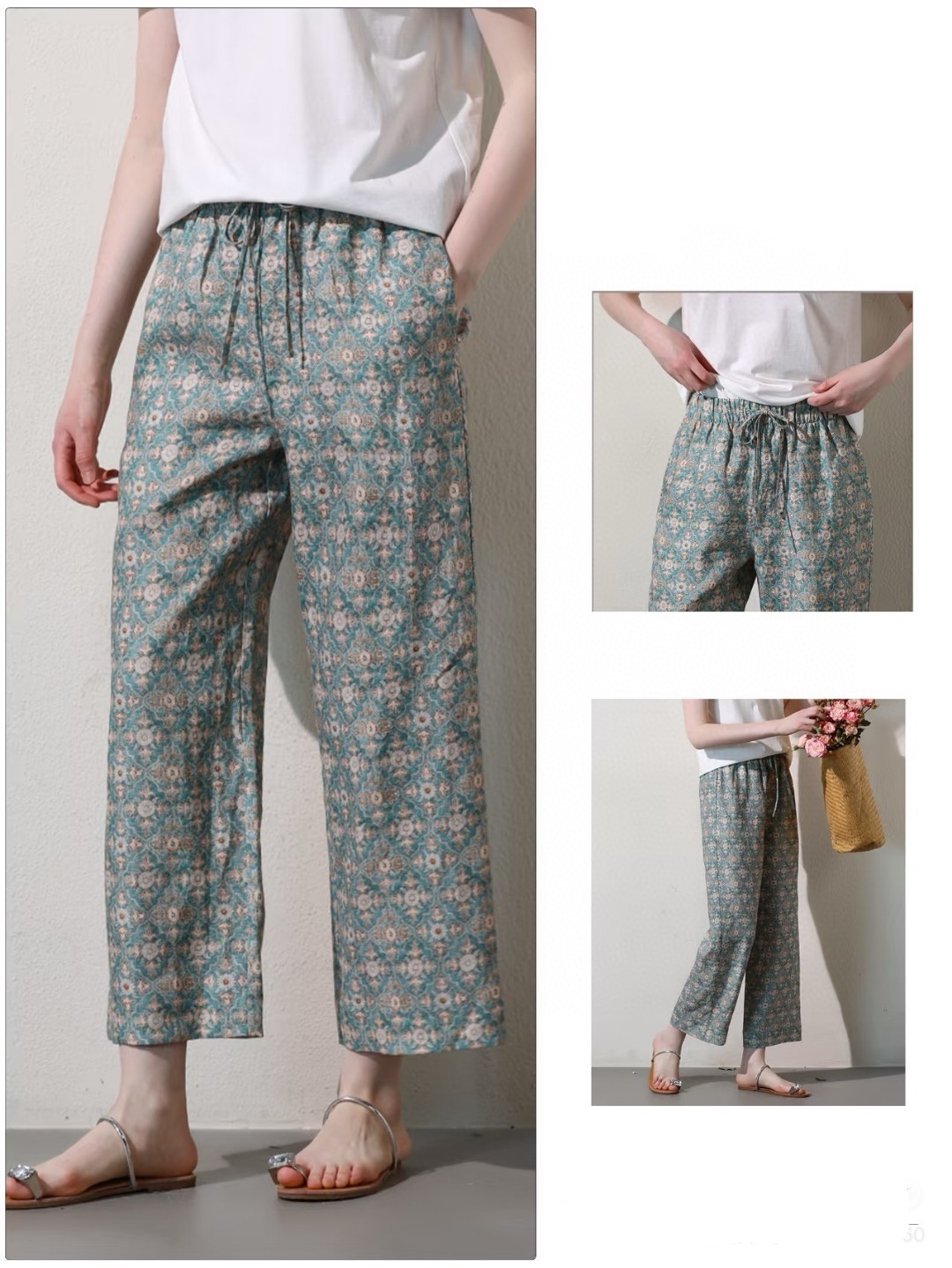 深圳南油2026春夏新款100亚麻新中式国风印花松紧腰九分休闲裤女