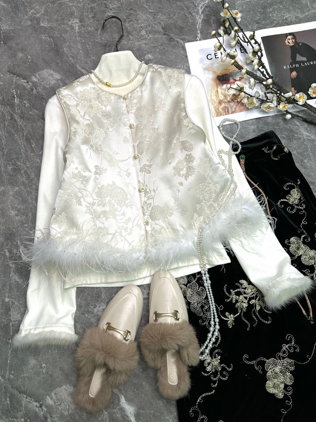 桑蚕丝羊毛提花拼鸵鸟毛马夹外套女设计感高端气质马甲无袖上衣冬