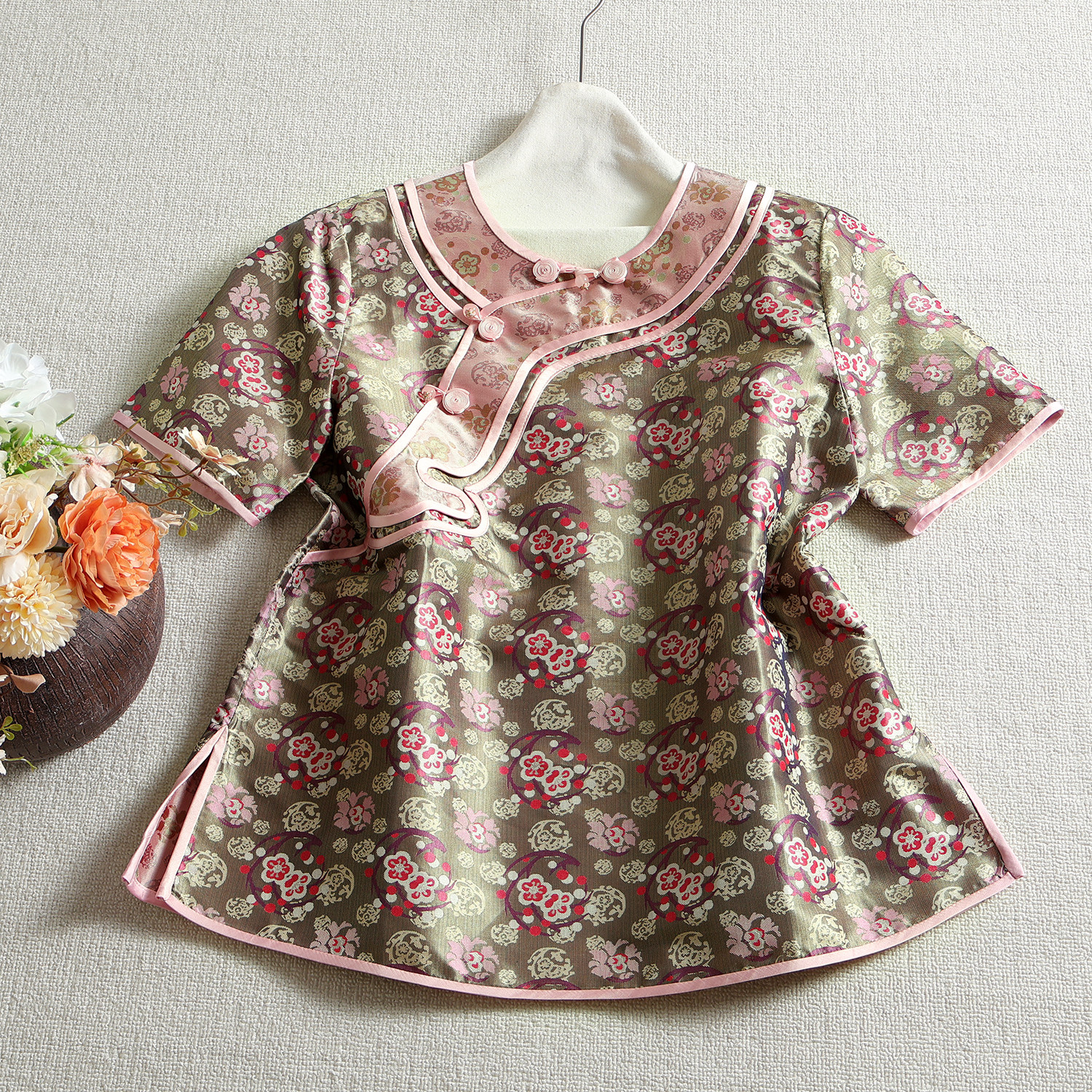 非遗蜀锦提花2026南油新中式上衣女夏季新款 桑蚕丝茶服减龄粉色