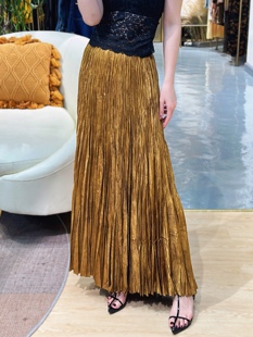 气质高级感新中式暗纹提花压褶半身裙女设计感小众高腰百褶裙秋冬