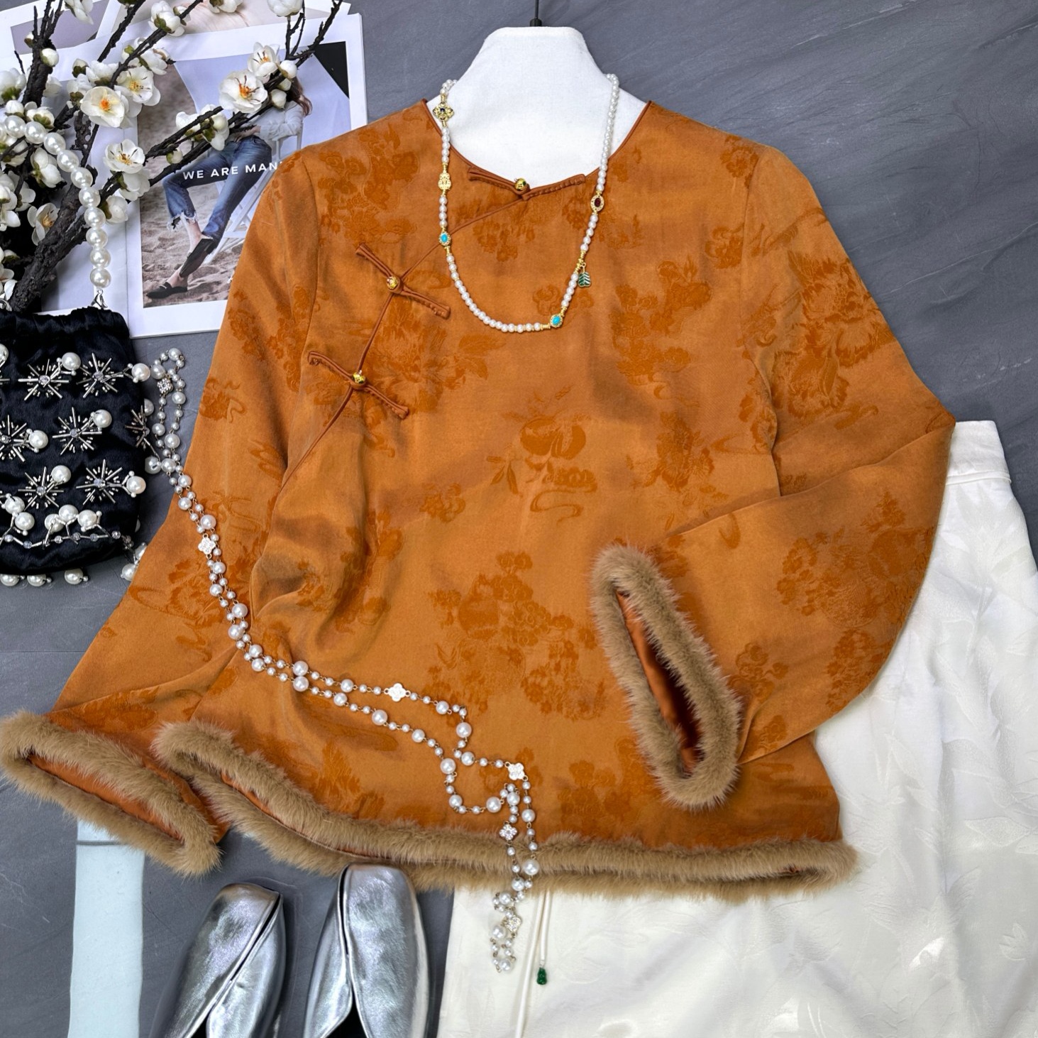 显白神器 新中式国风橘色盘扣上衣女2025新款秋季 水貂毛毛袖