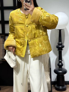 显年轻 亚麻人丝葫芦提花新中式国风复古盘扣提花棉服外套女冬新