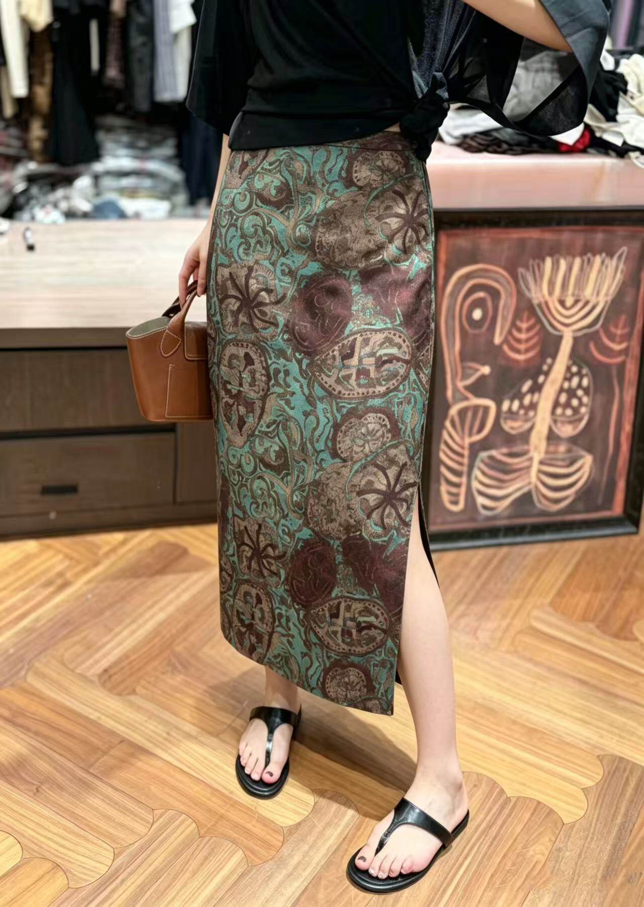 夏季新款设计感新中式百搭高腰香云纱国风复古开叉长裙女南油精品