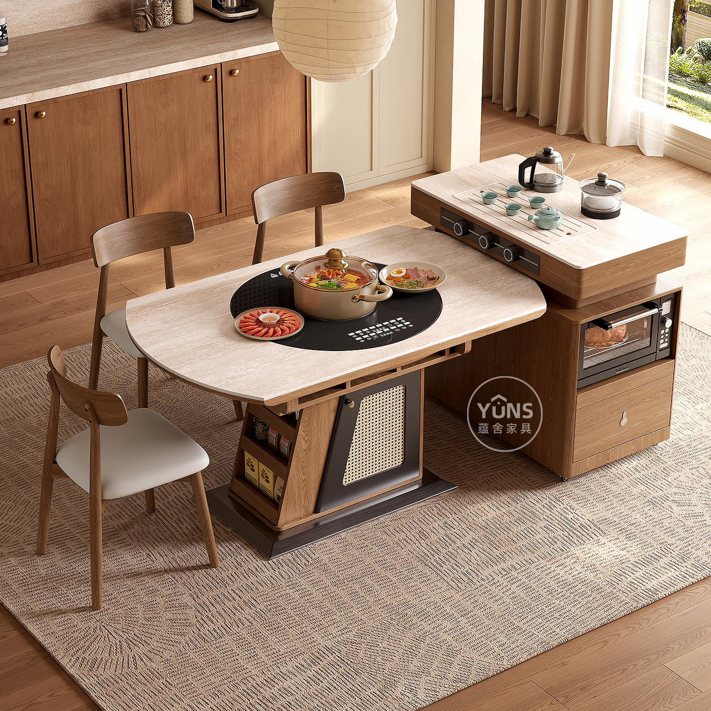 2026新款岩板岛台餐桌椅子一体小户型家用可伸缩带电磁炉茶桌组合
